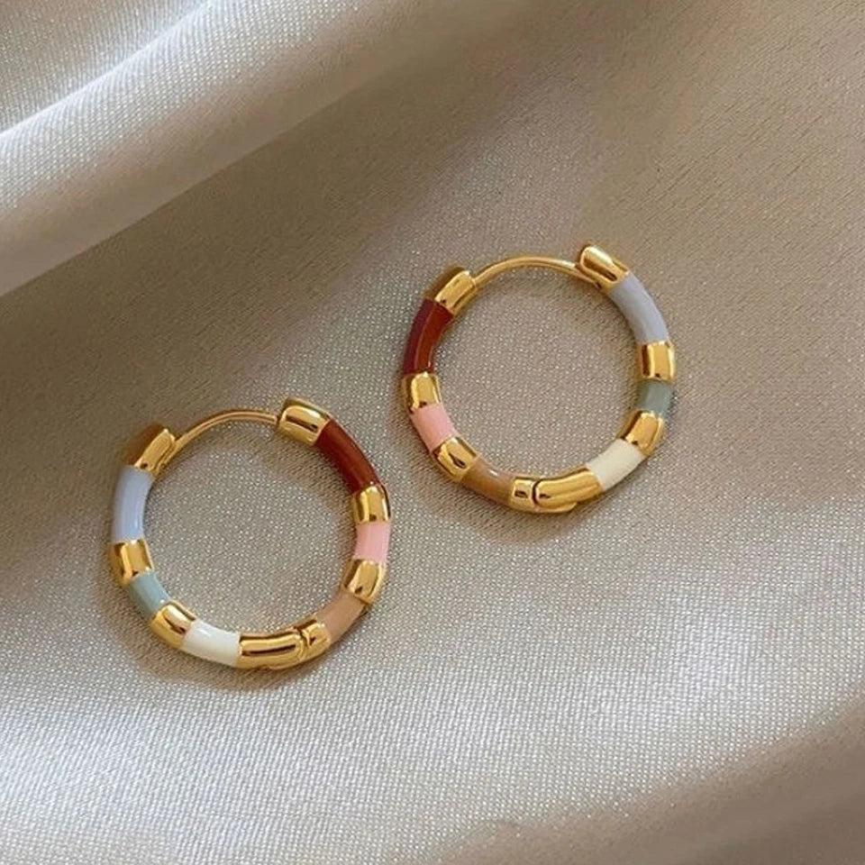 Colourful Enamel Mini Metal Round Hoop Earrings for Women