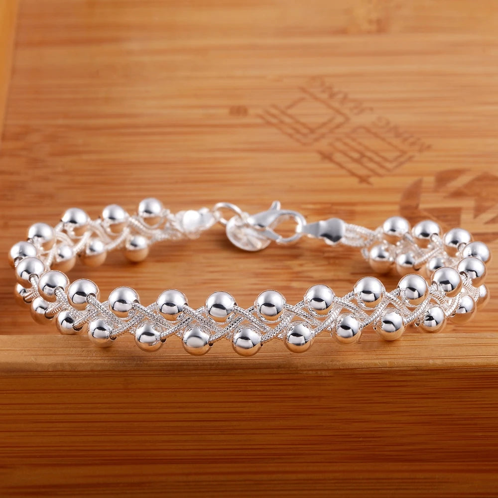 925 Sterling Silver Braided Beads Chain Bracelet for Women