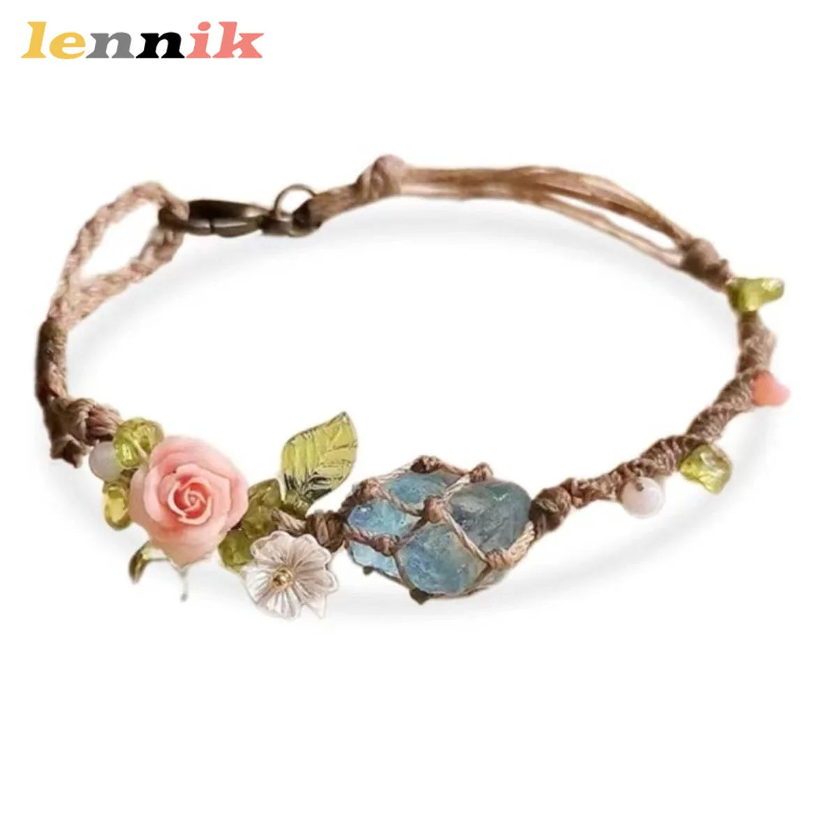 Raw Aquamarine Macrame Bracelet with Rose Accent | Couple Gift