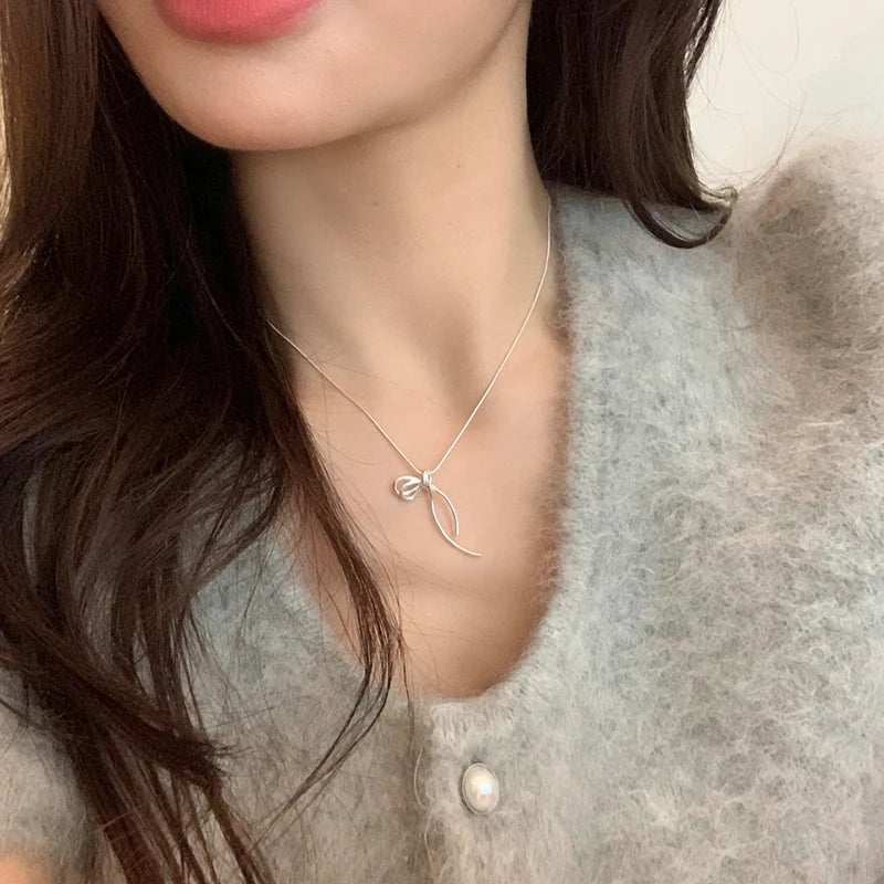 925 Sterling Silver Bow Geometric Pendant Choker Necklace for Women