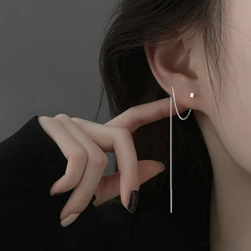 S925 Silver 13cm Square Tassel Chain Ear Line Drop Earrings for Women