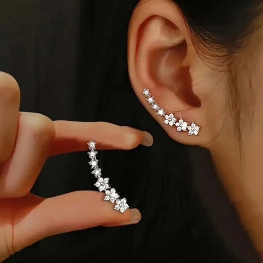 Silver Zircon Flower Star Climbing Stud Earrings for Women