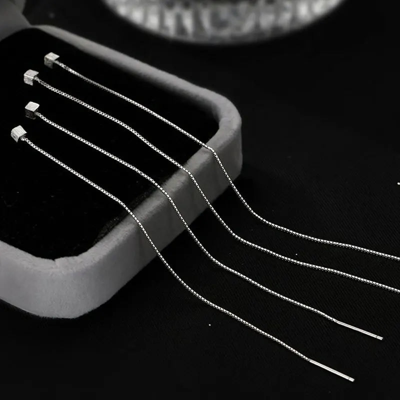 S925 Silver 13cm Square Tassel Chain Ear Line Drop Earrings for Women