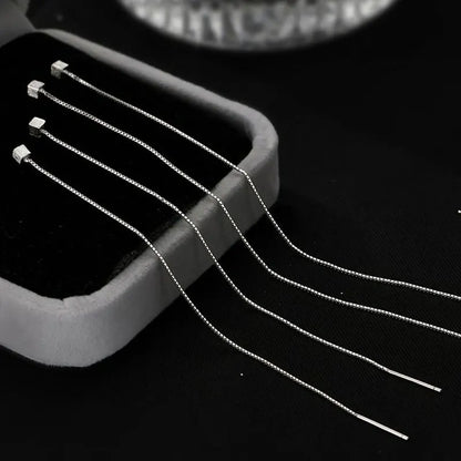 S925 Silver 13cm Square Tassel Chain Ear Line Drop Earrings for Women