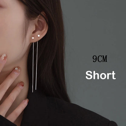 S925 Silver 13cm Square Tassel Chain Ear Line Drop Earrings for Women