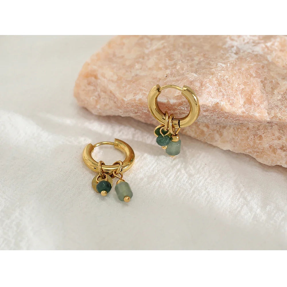 18K Gold Plated Green Natural Stone Hoop Earrings for Women