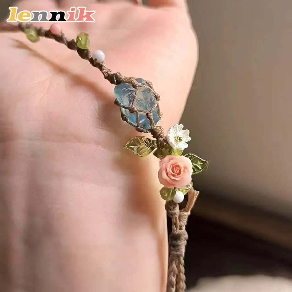 Raw Aquamarine Macrame Bracelet with Rose Accent | Couple Gift