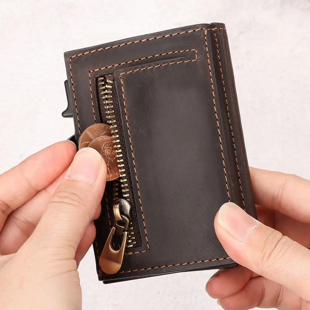 Smart Pop-Up | PU Leather Men's Wallet | RFID Blocking Slim Card Case with Zip Coin Pocket