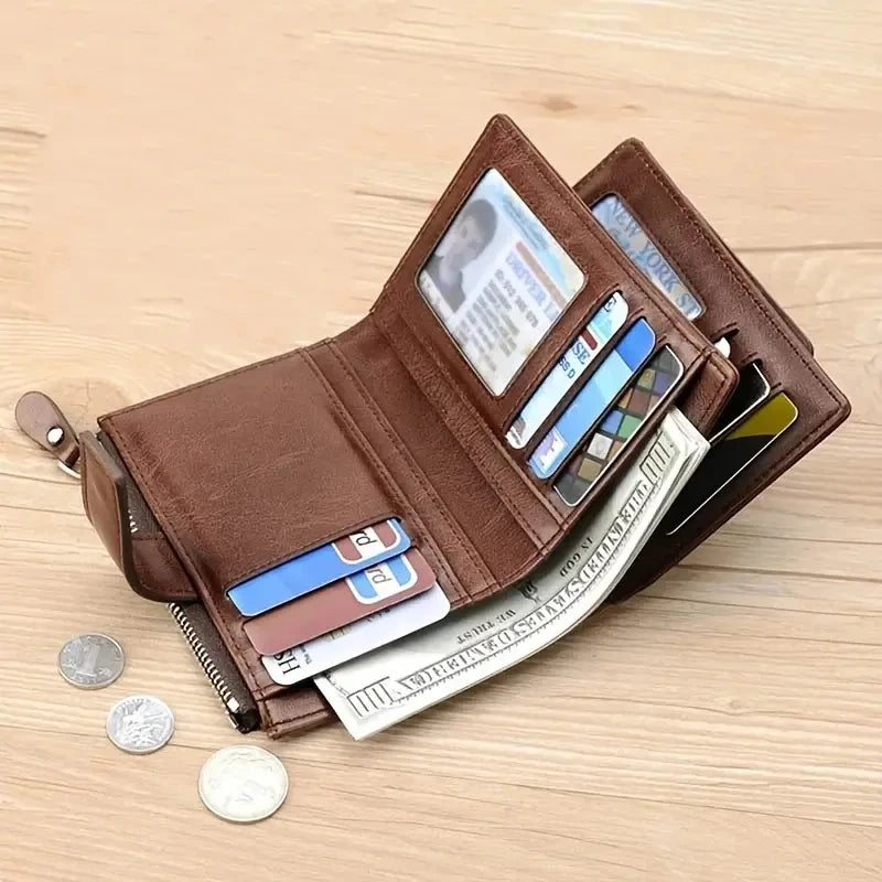 RFID Anti-Theft Men's Business Wallet | Zipper Leather Coin Purse & Card Holder