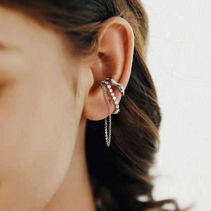 Silver Goth C-Shape Tassel Chain Ear Cuff for Women — No Piercing