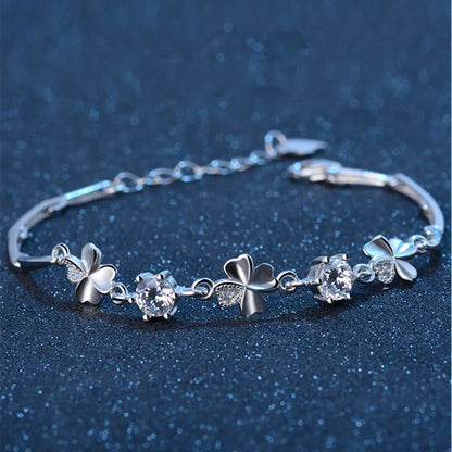 925 Sterling Silver Lucky Clover Crystal Bracelet for Women