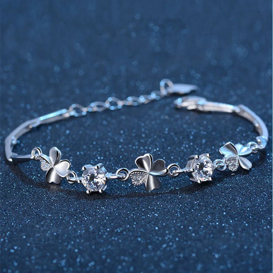 925 Sterling Silver Lucky Clover Crystal Bracelet for Women
