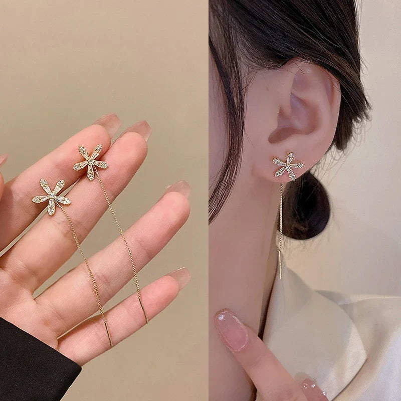 S925 Silver Micro-Inlaid Zircon Flower Ear Line Drop Earrings for Women