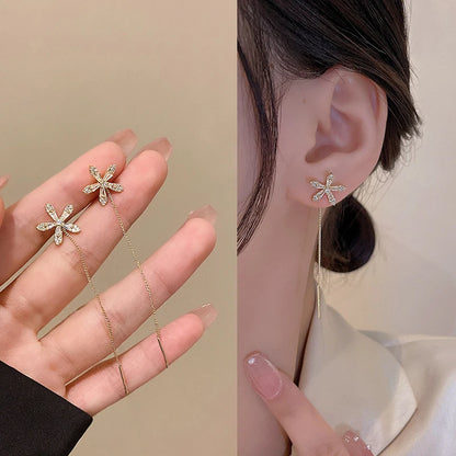 S925 Silver Micro-Inlaid Zircon Flower Ear Line Drop Earrings for Women