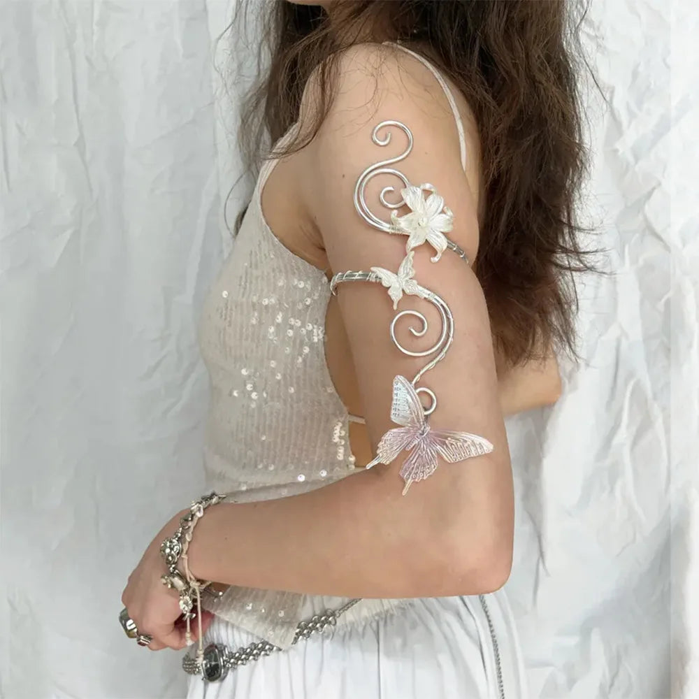 Vintage Wire Wrap Flower & Butterfly Upper Arm Cuff for Women