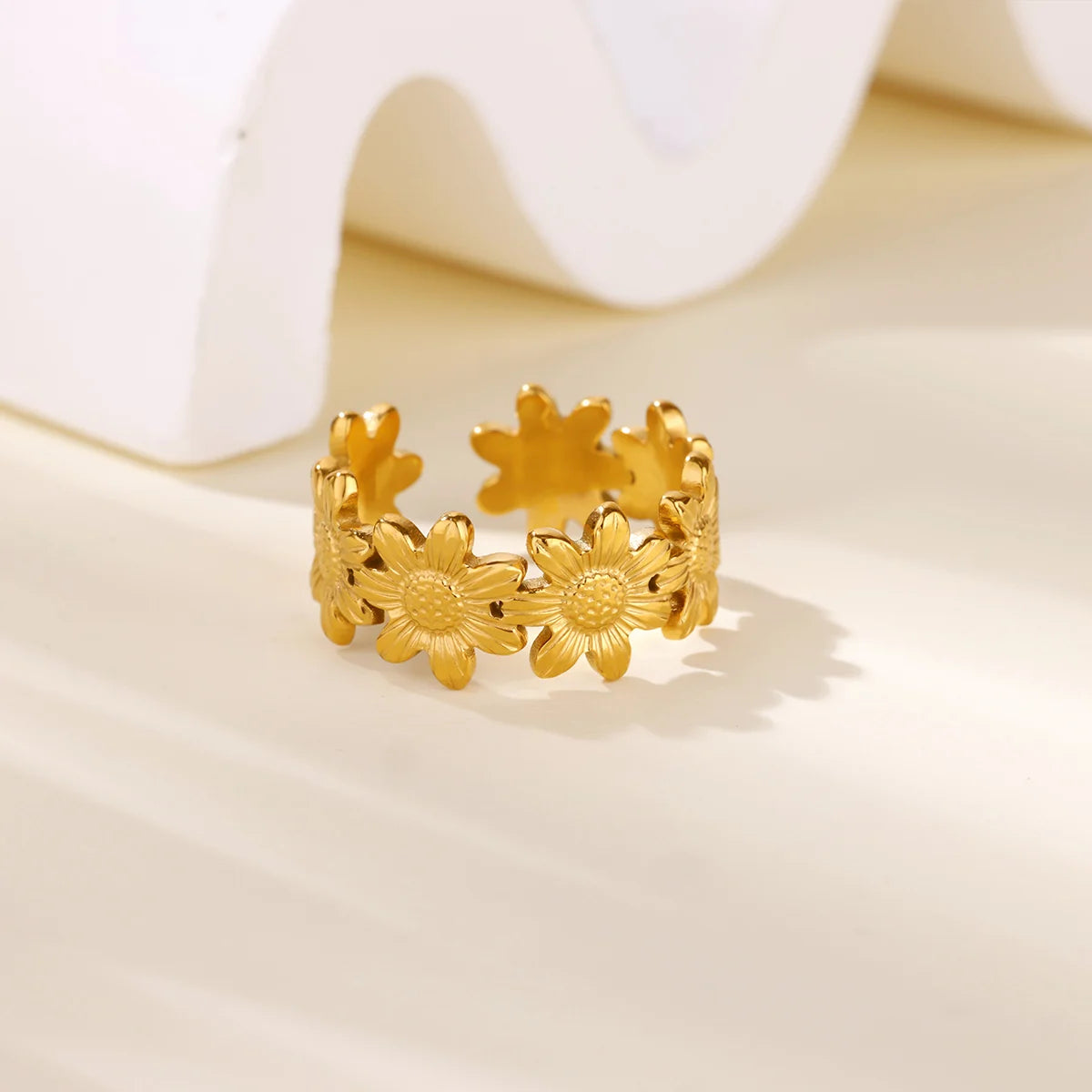 Delicate Flower Wide Band Ring for Women | 18K Gold Plated