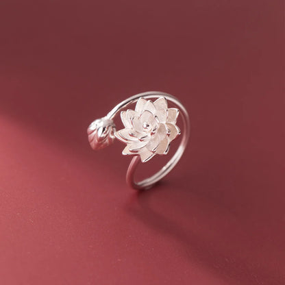 925 Sterling Silver Lotus Flower Adjustable Ring for Women