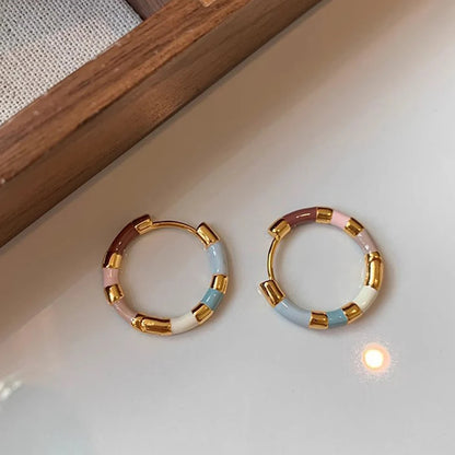 Colourful Enamel Mini Metal Round Hoop Earrings for Women
