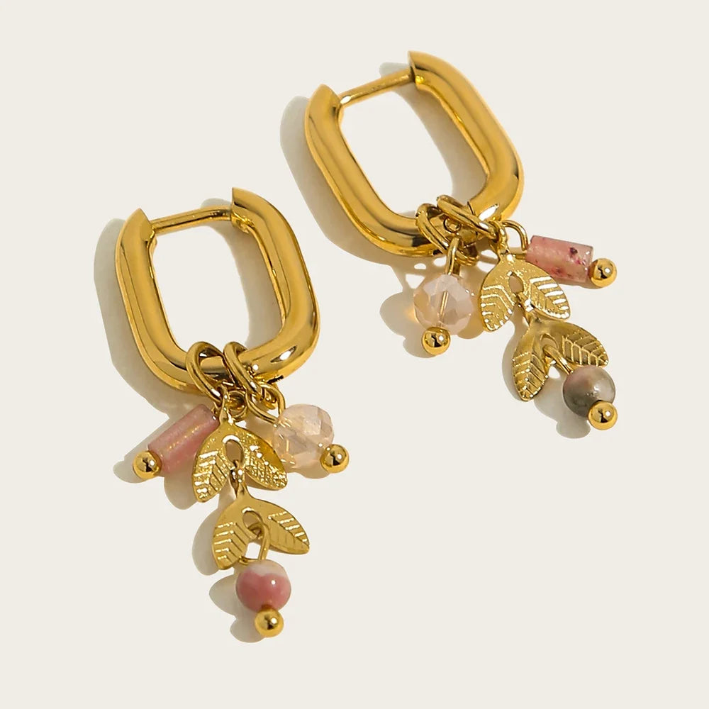 18K Gold Plated Green Natural Stone Hoop Earrings for Women