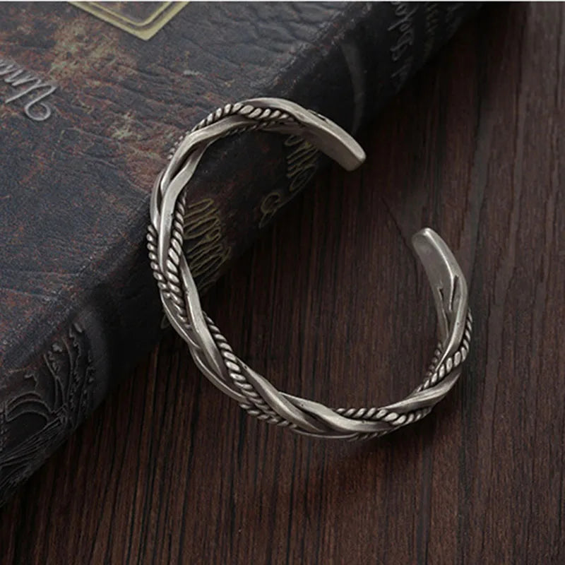 925 Sterling Silver Twisted Woven Opening Bangle for Women and Men