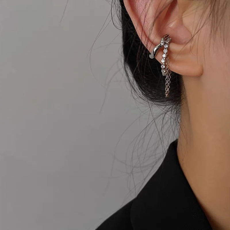 Silver Goth C-Shape Tassel Chain Ear Cuff for Women — No Piercing