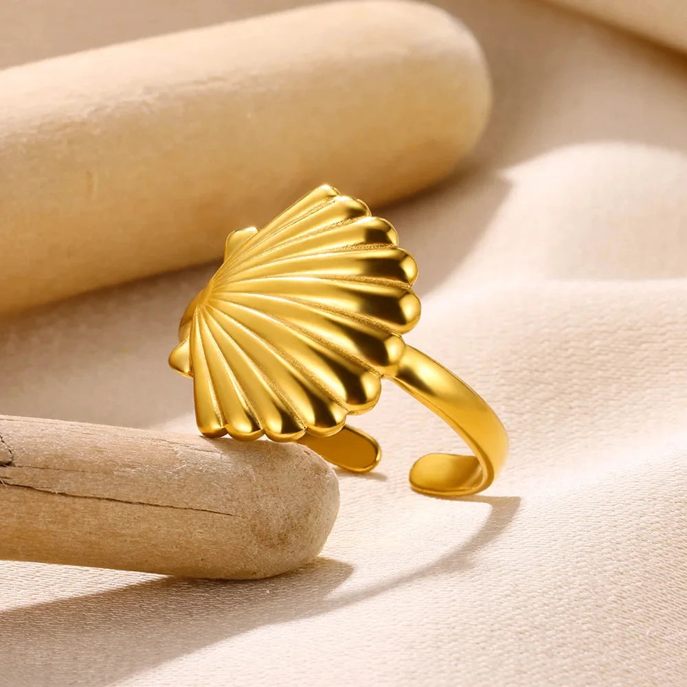 Shell & Star Adjustable Open Ring for Women | 18K Gold Plated