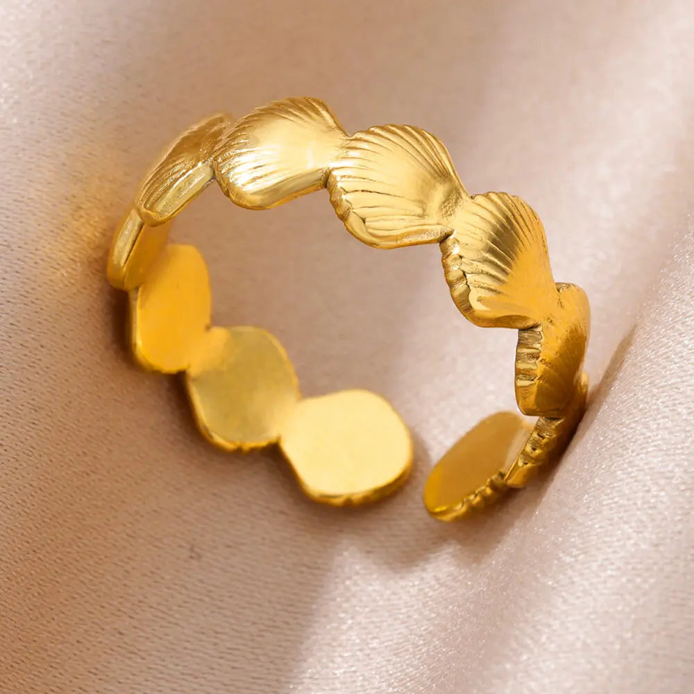 Shell & Star Adjustable Open Ring for Women | 18K Gold Plated