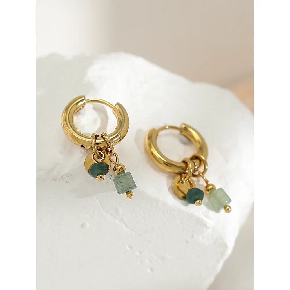 18K Gold Plated Green Natural Stone Hoop Earrings for Women