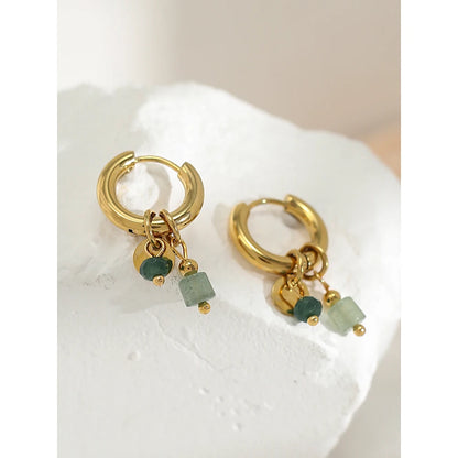 18K Gold Plated Green Natural Stone Hoop Earrings for Women