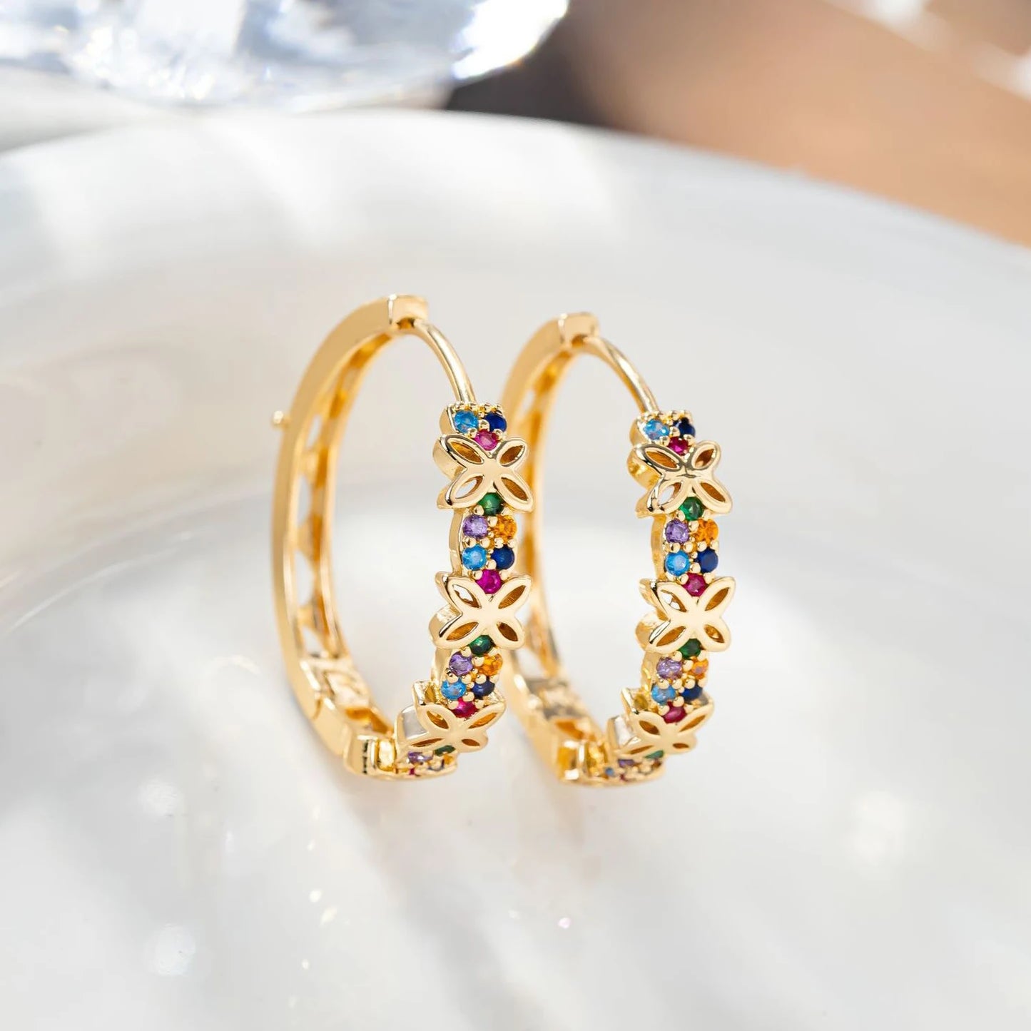 Rainbow Flower Zircon Hoop Earrings for Women
