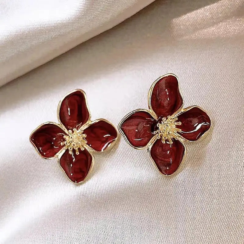 Retro Drip Glaze Red Flower Stud Earrings for Women