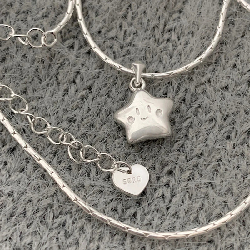 925 Sterling Silver Star Smile Dimple Pendant Necklace for Women
