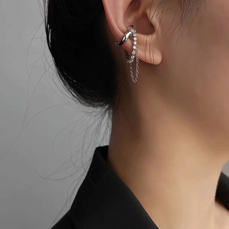Silver Goth C-Shape Tassel Chain Ear Cuff for Women — No Piercing