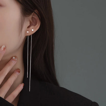 S925 Silver 13cm Square Tassel Chain Ear Line Drop Earrings for Women