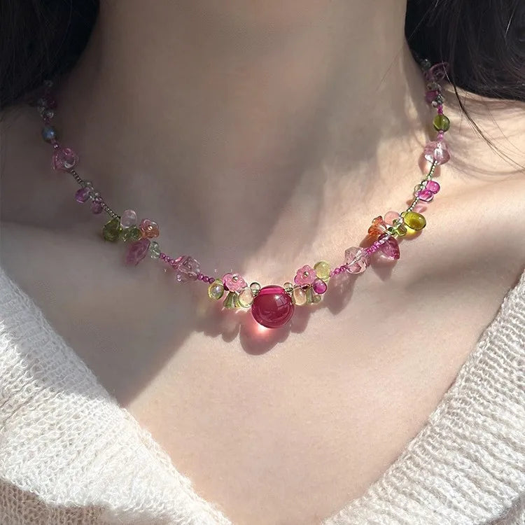 Bohemian Pink Waterdrop Beaded Flower Pendant Necklace | Y2K Style