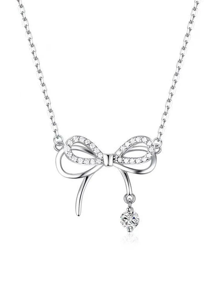925 Sterling Silver Luxury Bow Zircon Pendant Necklace for Women