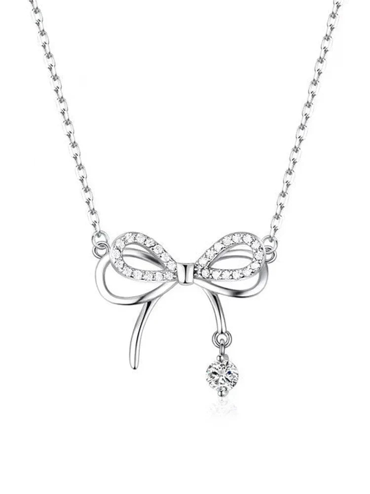 925 Sterling Silver Luxury Bow Zircon Pendant Necklace for Women