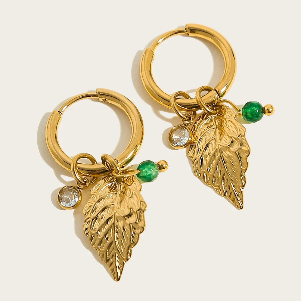 18K Gold Plated Green Natural Stone Hoop Earrings for Women