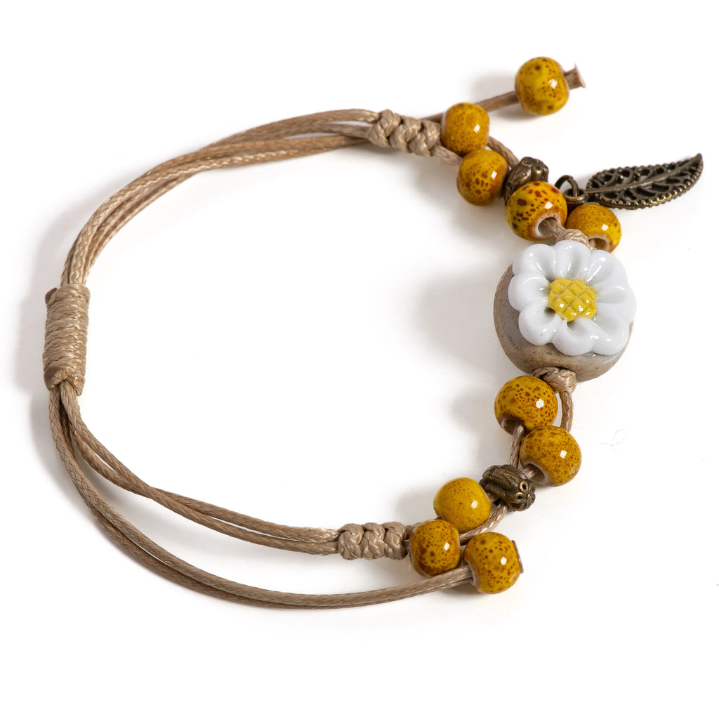 Handmade Sunflower Leaf Ceramic Boho Bracelet for Women | Adjustable