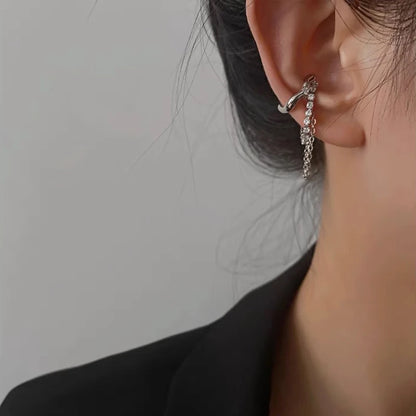 Silver Goth C-Shape Tassel Chain Ear Cuff for Women — No Piercing