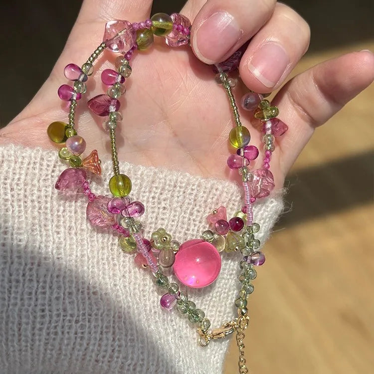 Bohemian Pink Waterdrop Beaded Flower Pendant Necklace | Y2K Style