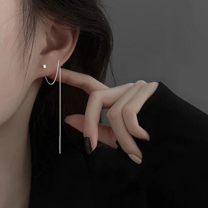 S925 Silver 13cm Square Tassel Chain Ear Line Drop Earrings for Women