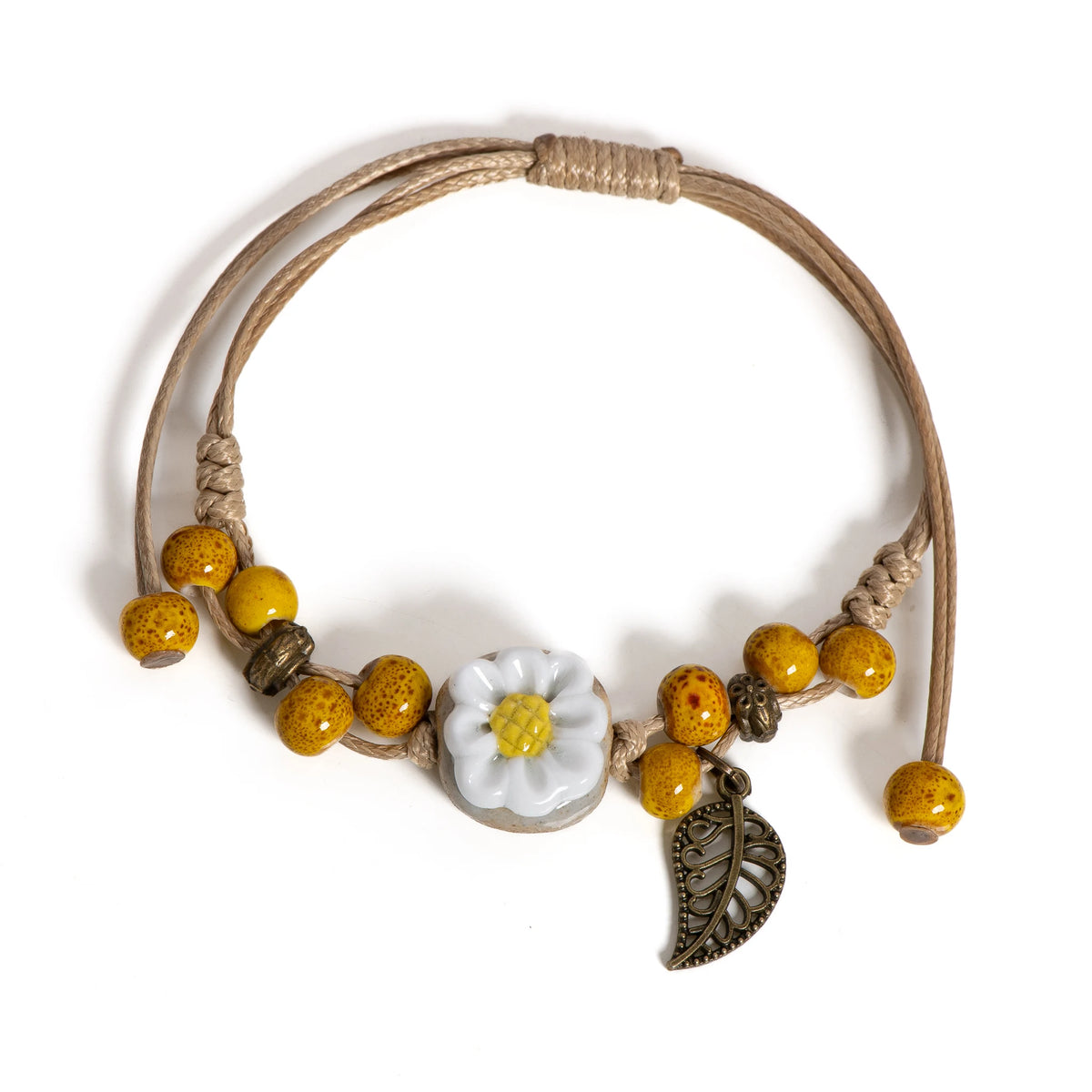 Handmade Sunflower Leaf Ceramic Boho Bracelet for Women | Adjustable