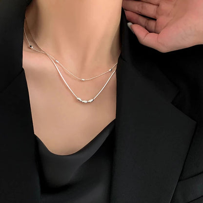 925 Sterling Silver Double Layer Geometric Pendant Choker Necklace for Women