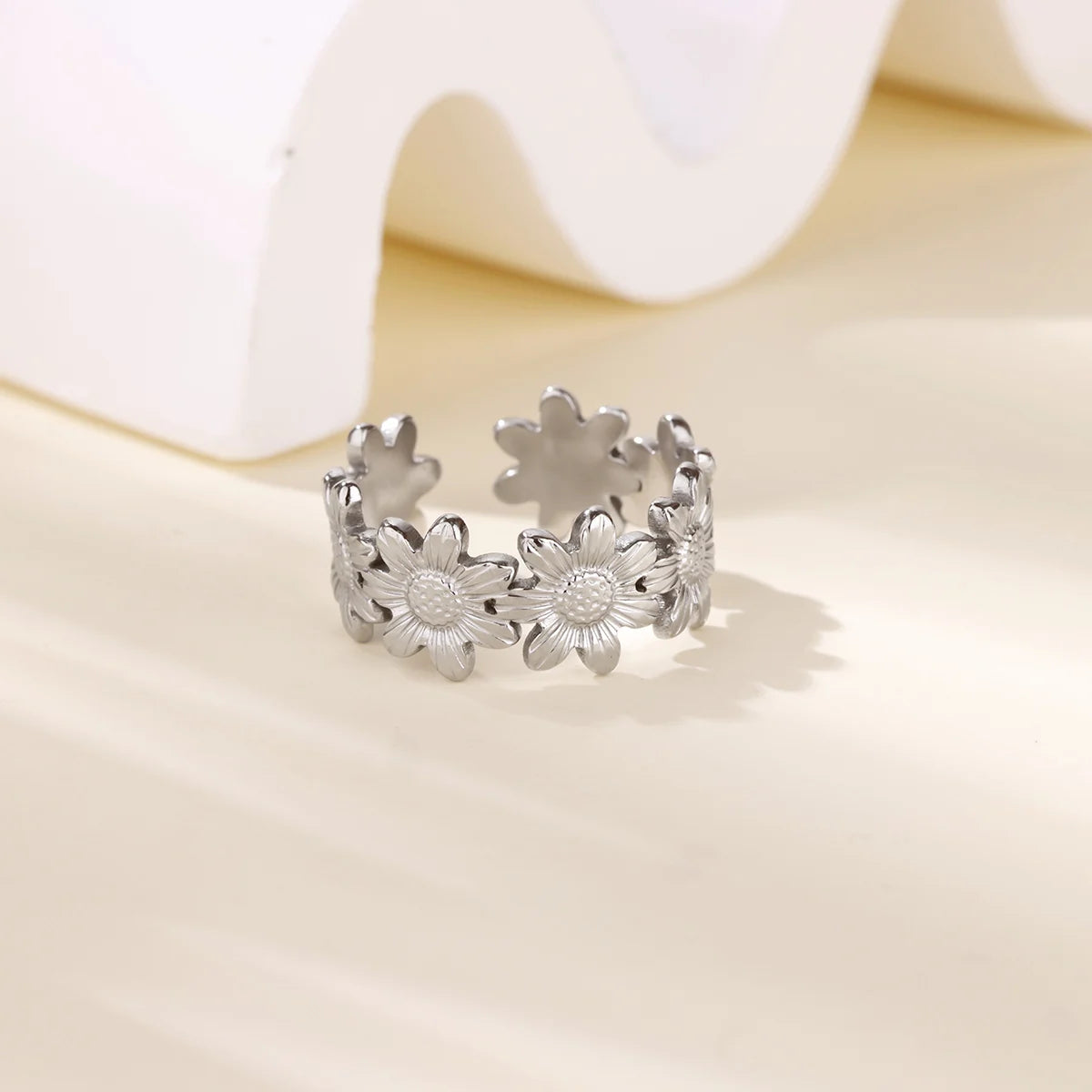 Delicate Flower Wide Band Ring for Women | 18K Gold Plated