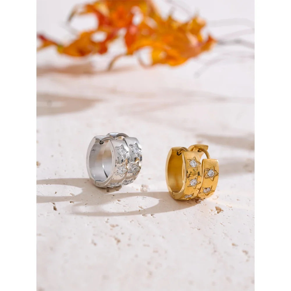 Zirconia Star Hoop Earrings in Stainless Steel for Women