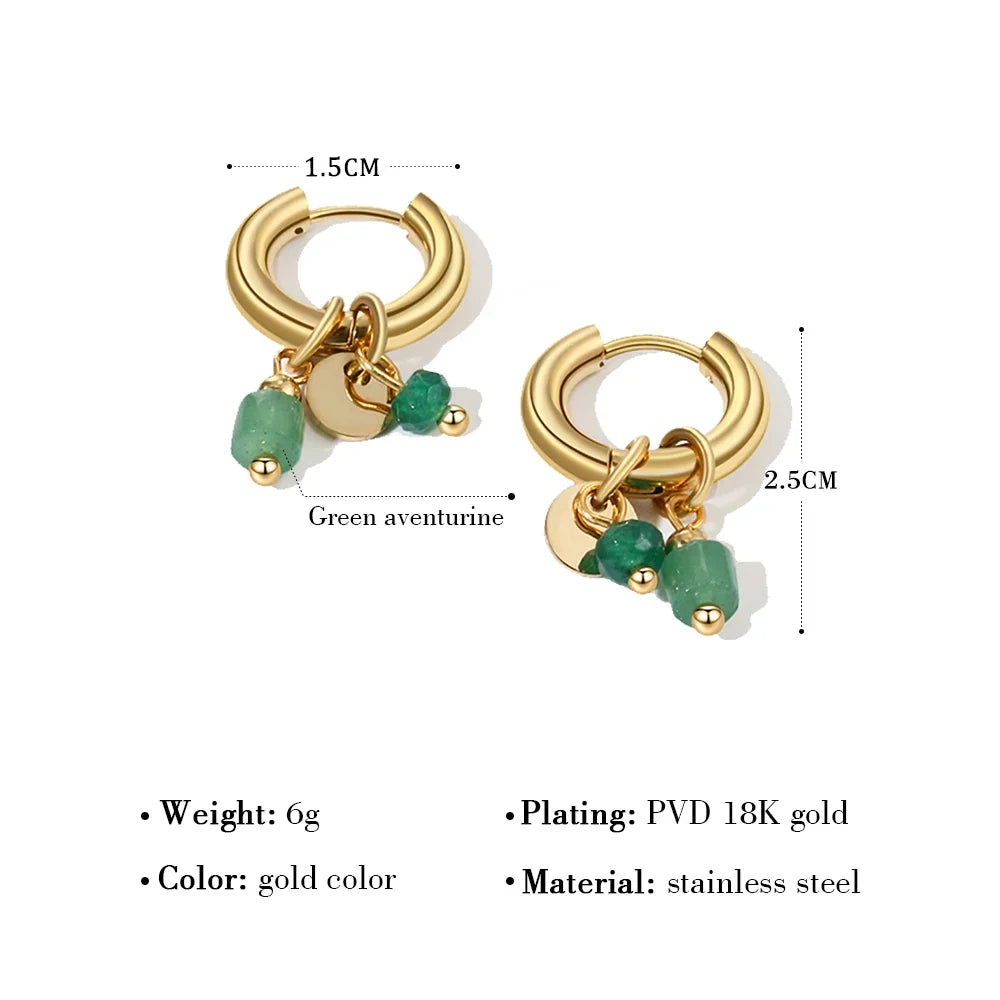 18K Gold Plated Green Natural Stone Hoop Earrings for Women