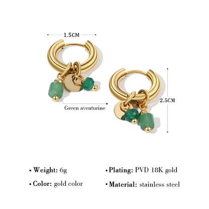 18K Gold Plated Green Natural Stone Hoop Earrings for Women