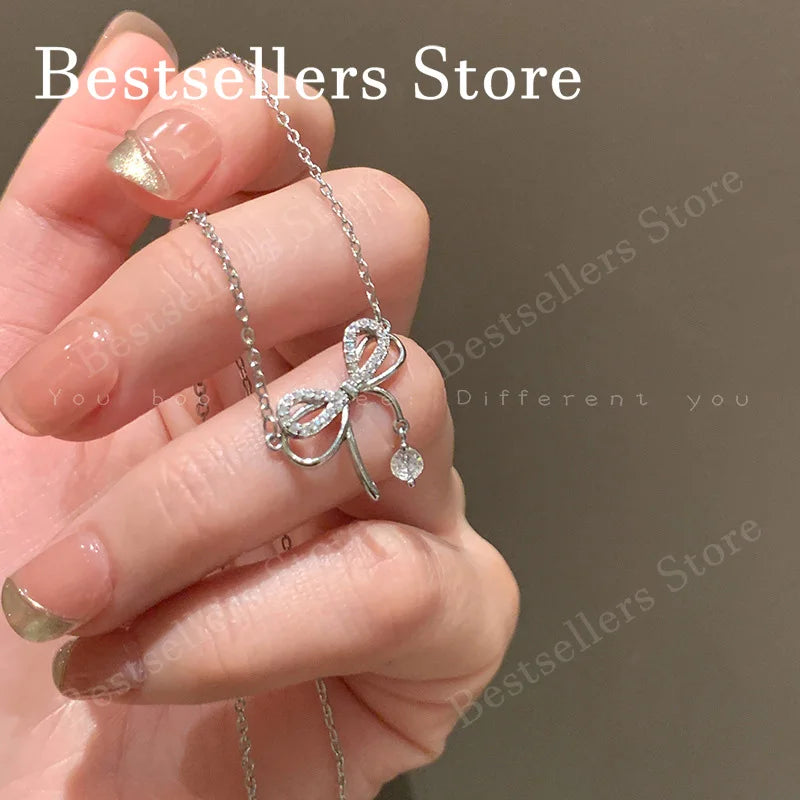 925 Sterling Silver Luxury Bow Zircon Pendant Necklace for Women
