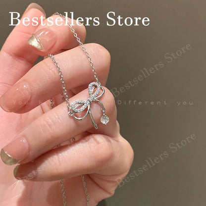 925 Sterling Silver Luxury Bow Zircon Pendant Necklace for Women